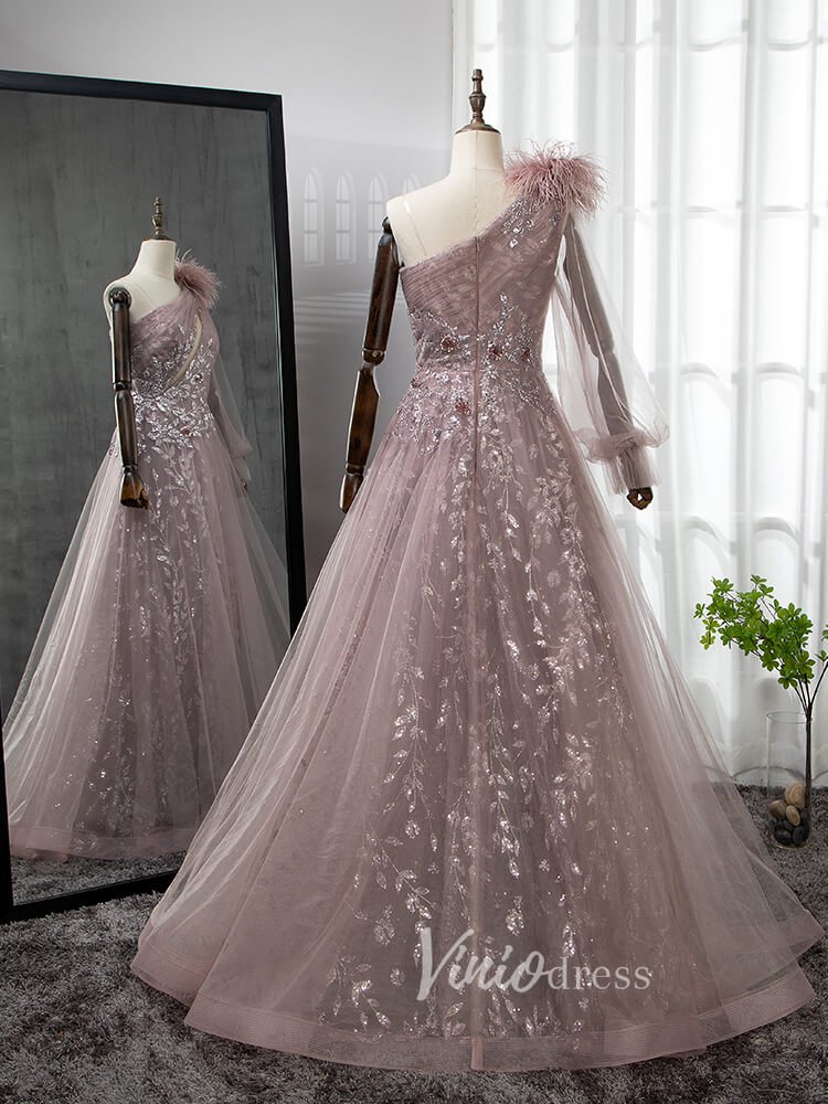 Dusty Rose Tulle Prom Dresses One Shoulder Feather Long Sleeve Evening –  Viniodress