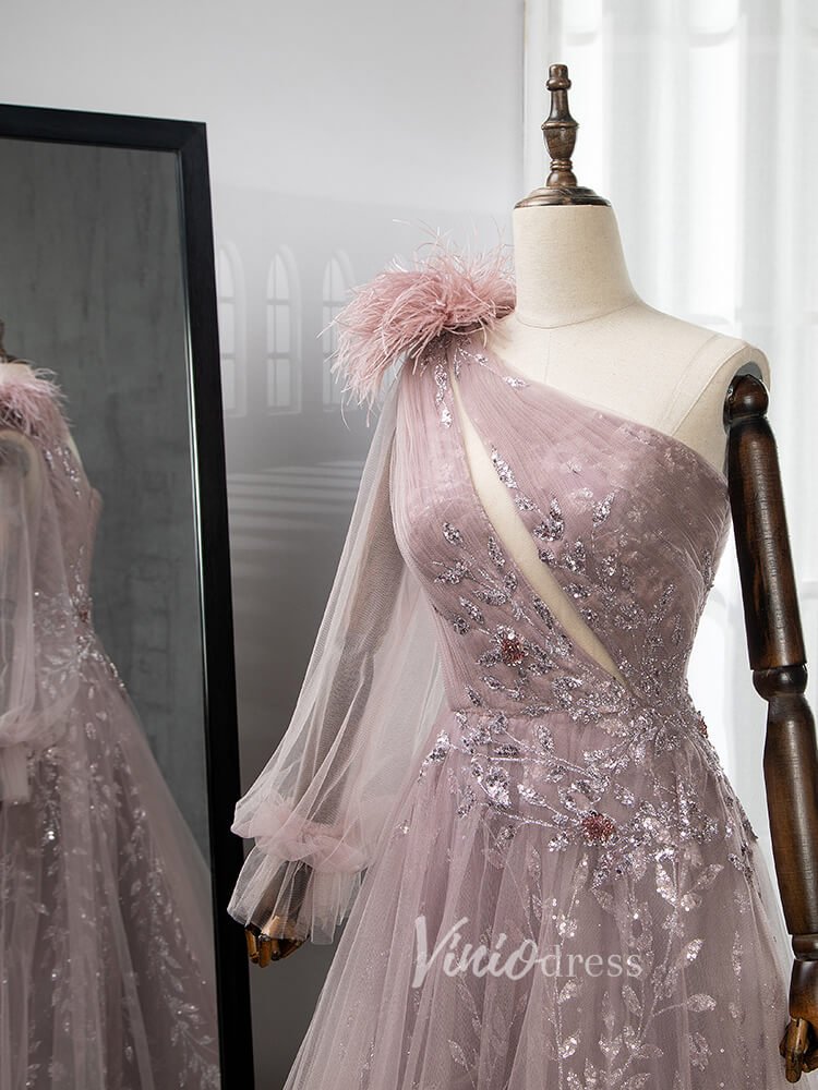 Dusty Rose Tulle Prom Dresses One Shoulder Feather Long Sleeve Evening Gown 20037-Evening Dresses 2025 -Viniodress-Dusty Rose-US 2-