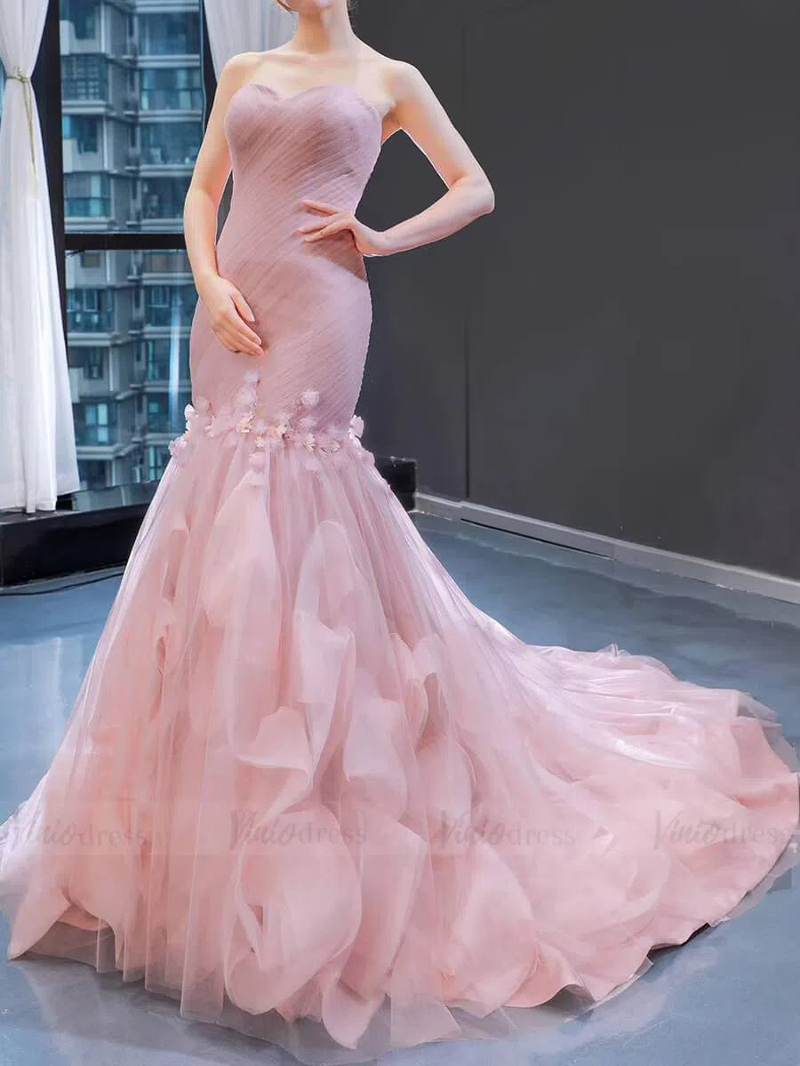 Dusty Rose Tulle Strapless Mermaid Prom Dresses with Train 66930-prom dresses 2025 -Viniodress-Dusty Rose-Custom Size-