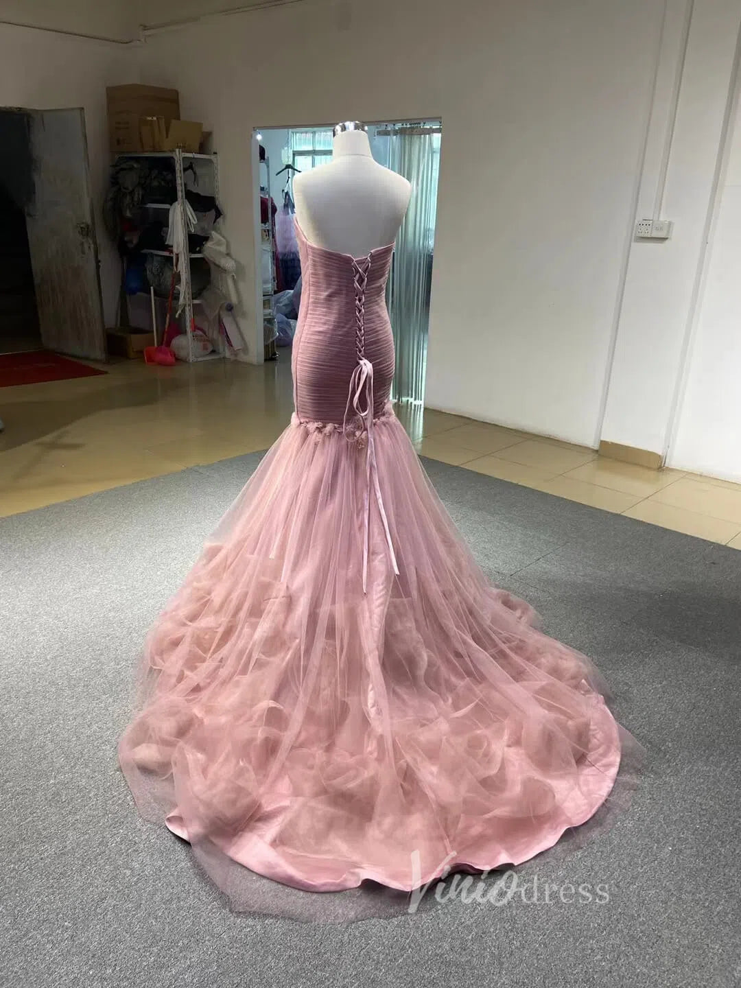 Dusty Rose Tulle Strapless Mermaid Prom Dresses with Train 66930-prom dresses 2025 -Viniodress-Dusty Rose-Custom Size-