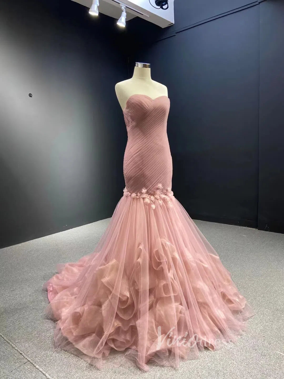Dusty Rose Tulle Strapless Mermaid Prom Dresses with Train 66930-prom dresses 2025 -Viniodress-Dusty Rose-Custom Size-
