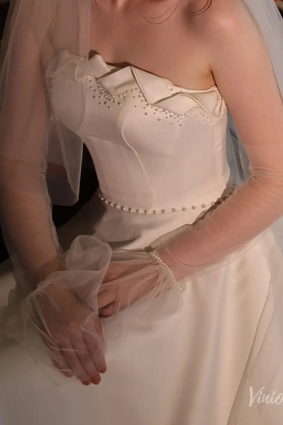 Elbow Bridal Gloves Flare Sleeves with Pearl Cuff WG211-Bridal Gloves 2026-Viniodress-Ivory-