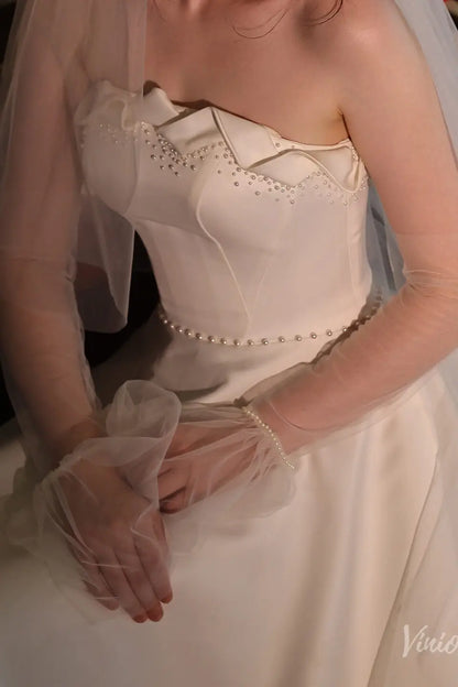 Elbow Bridal Gloves Flare Sleeves with Pearl Cuff WG211-Bridal Gloves 2026-Viniodress-Ivory-