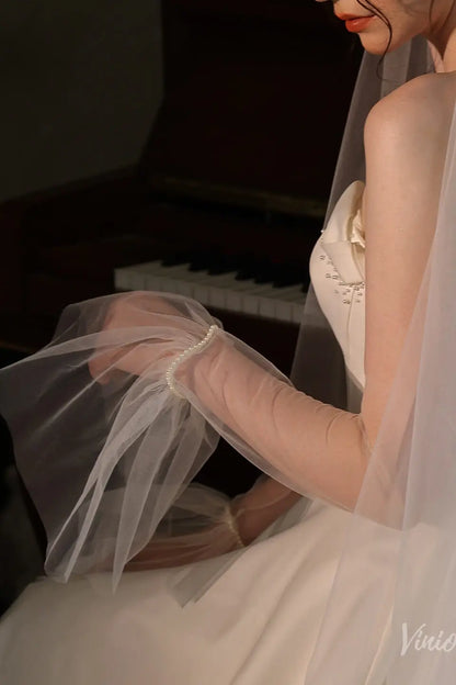 Elbow Bridal Gloves Flare Sleeves with Pearl Cuff WG211-Bridal Gloves 2026-Viniodress-Ivory-