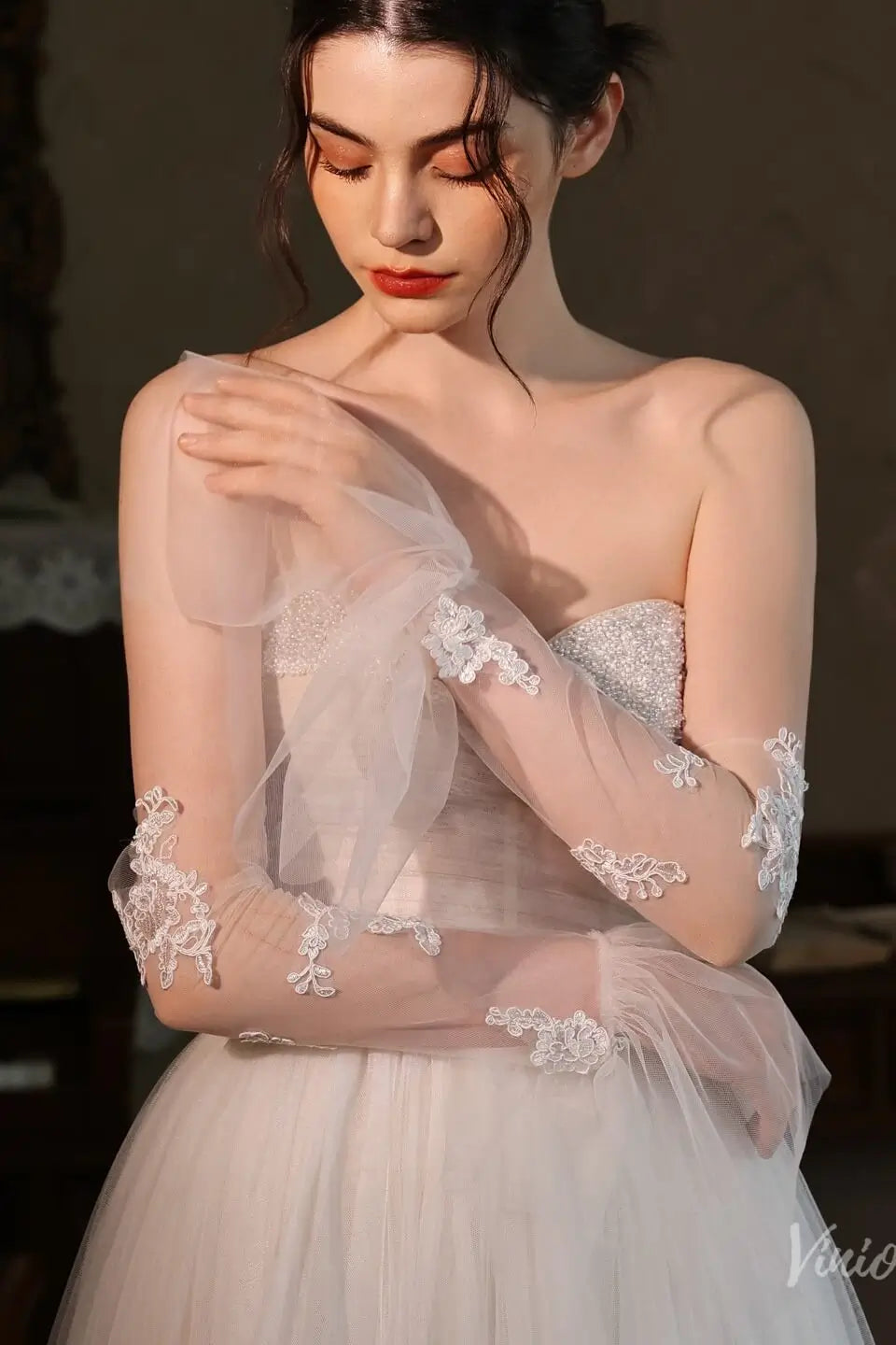 Elbow Bridal Gloves Lace Appliqued Flare Sleeves for Women WG212-Bridal Gloves 2026-Viniodress-Ivory-