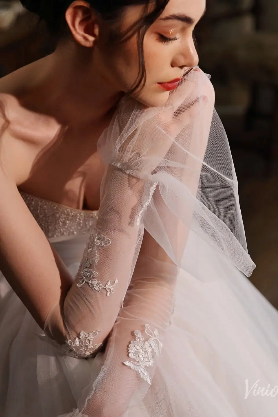 Elbow Bridal Gloves Lace Appliqued Flare Sleeves for Women WG212-Bridal Gloves 2026-Viniodress-Ivory-