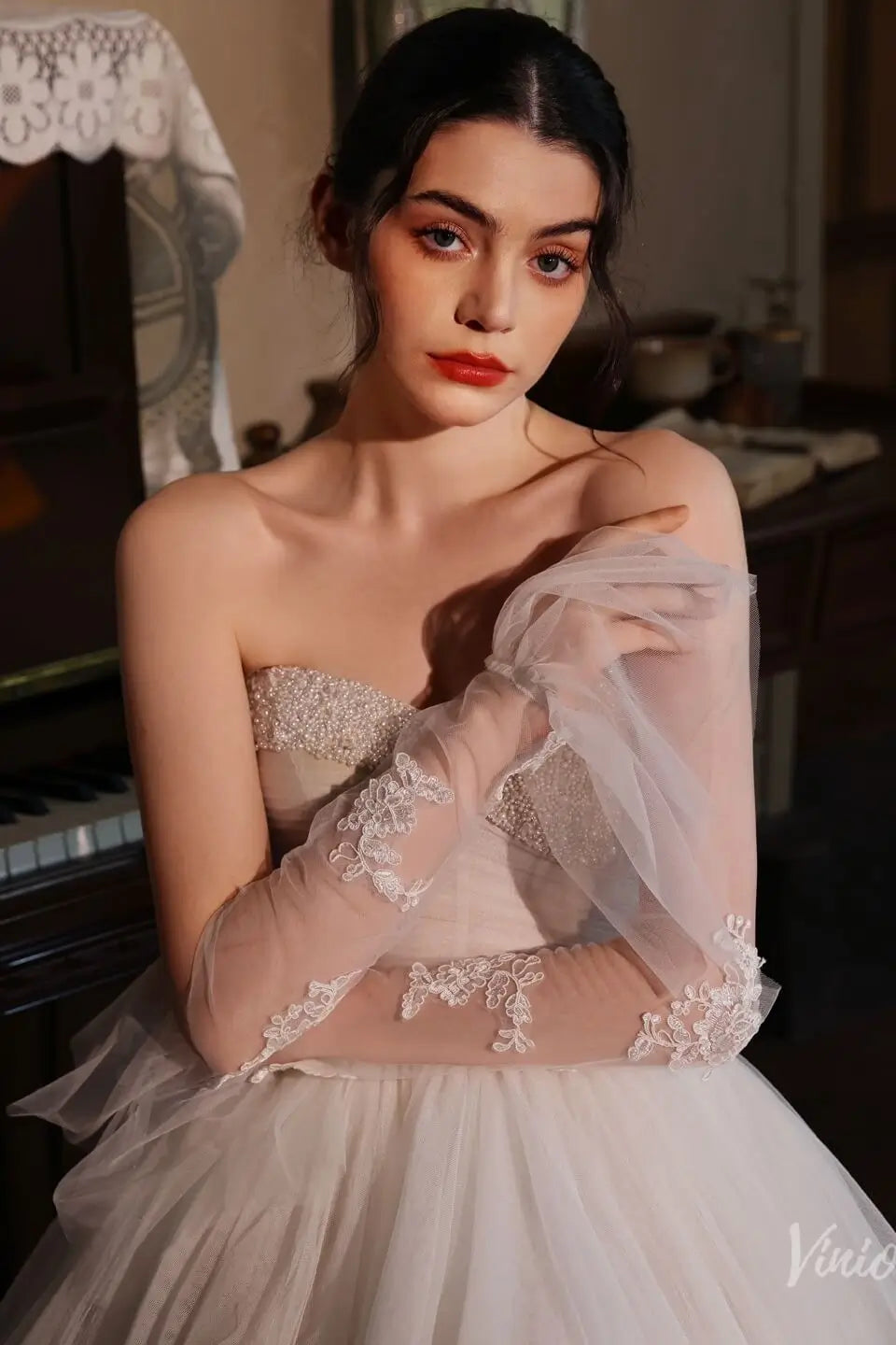 Elbow Bridal Gloves Lace Appliqued Flare Sleeves for Women WG212-Bridal Gloves 2026-Viniodress-Ivory-