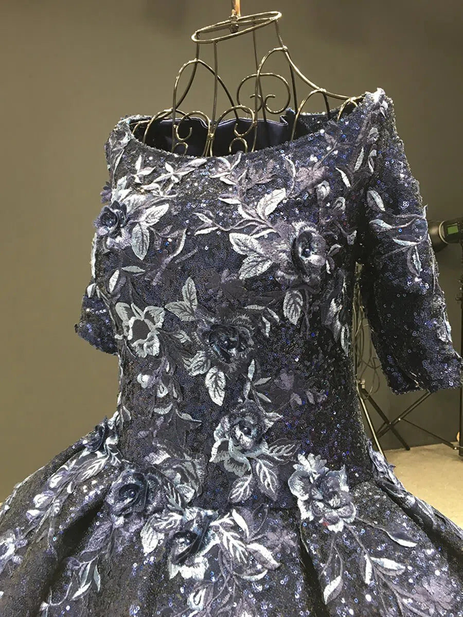 Elbow Sleeve Navy Blue Vintage Quinceanera Dress 3D floral Detut Dresses FD1198B viniodress-prom dresses 2025 -Viniodress-Navy Blue-Custom Size-