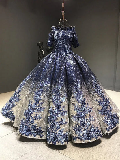Elbow Sleeve Navy Blue Vintage Quinceanera Dress 3D floral Detut Dresses FD1198B viniodress-prom dresses 2025 -Viniodress-Navy Blue-Custom Size-