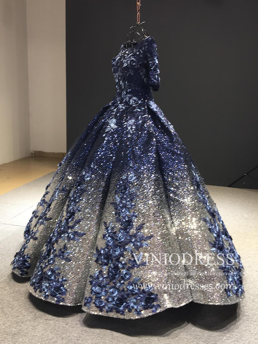 Prom Dress 2025 Elbow Sleeve Navy Blue Vintage Quinceanera Dress 3D floral Detut Dresses FD1198B viniodress-unique prom dresses-Navy Blue-Custom Size-Viniodress