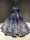 Elbow Sleeve Navy Blue Vintage Quinceanera Dress 3D floral Detut Dresses FD1198B viniodress