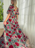 Elbow Sleeve Red Floral Prom Dresses V-neck Formal Dress with Pockets TO012B-prom dresses-Viniodress-Viniodress