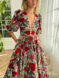 Elbow Sleeve Red Floral Prom Dresses V-neck Formal Dress with Pockets TO012B-prom dresses-Viniodress-Viniodress