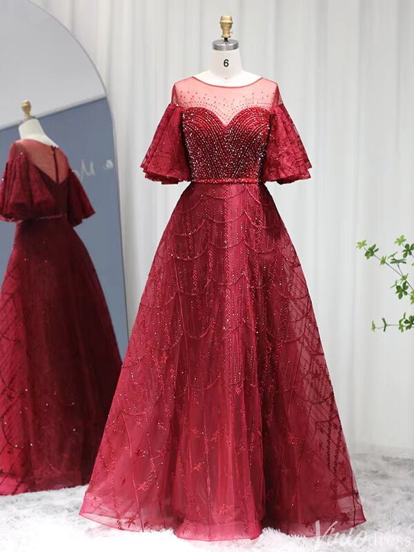 Elbow Sleeve Wedding Guest Dresses Beaded Lace Mother of Brides Gown 20250-Evening Dresses 2025 -Viniodress-Dark Red-US 2-