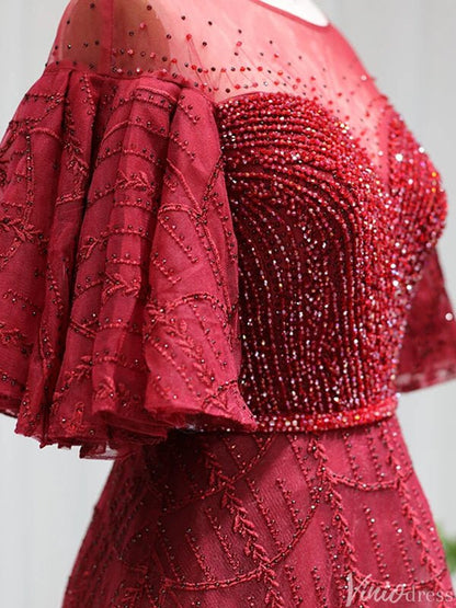 Elbow Sleeve Wedding Guest Dresses Beaded Lace Mother of Brides Gown 20250-Evening Dresses 2025 -Viniodress-Dusty Rose-US 2-