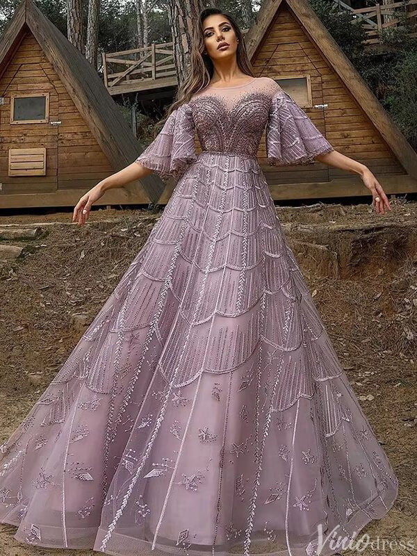 Elbow Sleeve Wedding Guest Dresses Beaded Lace Mother of Brides Gown 20250-Evening Dresses 2025 -Viniodress-Dusty Rose-US 2-