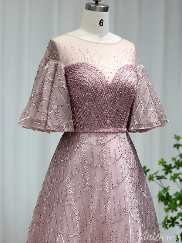 Elbow Sleeve Wedding Guest Dresses Beaded Lace Mother of Brides Gown 20250-Evening Dresses 2025 -Viniodress-Dusty Rose-US 2-