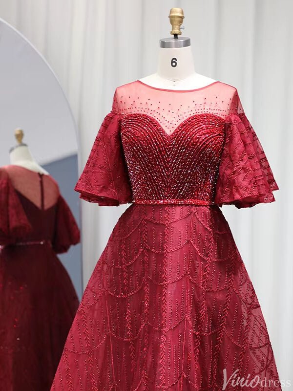 Elbow Sleeve Wedding Guest Dresses Beaded Lace Mother of Brides Gown 20250-Evening Dresses 2025 -Viniodress-Dusty Rose-US 2-