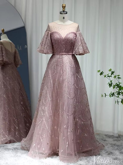 Elbow Sleeve Wedding Guest Dresses Beaded Lace Mother of Brides Gown 20250-Evening Dresses 2025 -Viniodress-Dusty Rose-US 2-