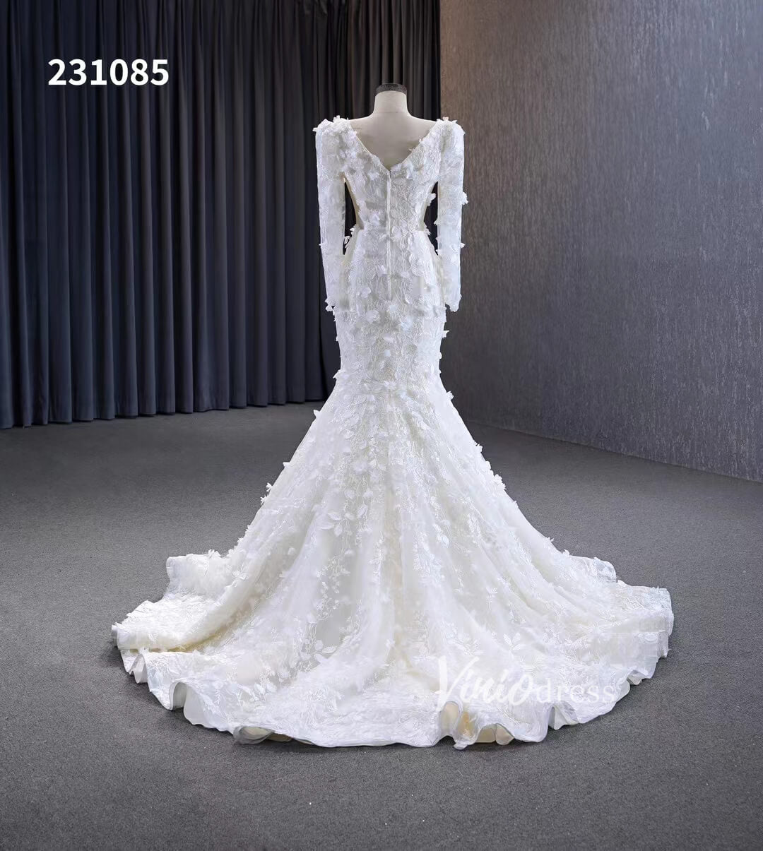 Elegant 3D Floral Lace Mermaid Wedding Dresses Long Sleeve Bridal Gown 231085-wedding dresses 2025 -Viniodress-Ivory-Custom Size-