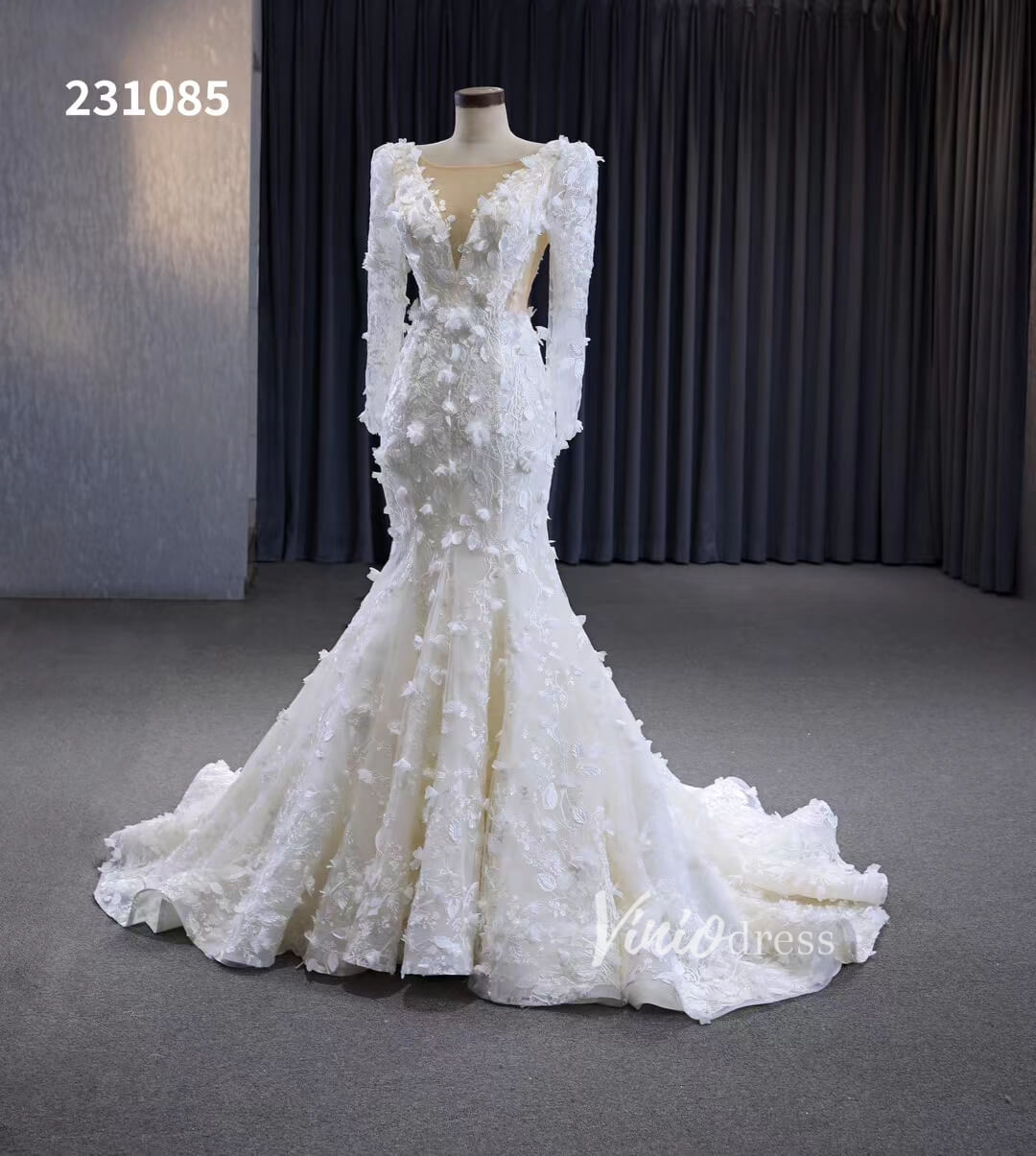 Elegant 3D Floral Lace Mermaid Wedding Dresses Long Sleeve Bridal Gown 231085-wedding dresses 2025 -Viniodress-Ivory-Custom Size-