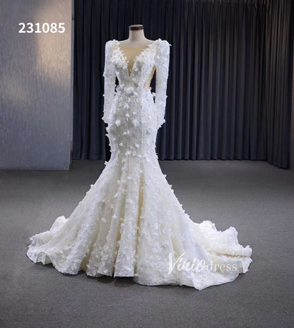 Elegant 3D Floral Lace Mermaid Wedding Dresses Long Sleeve Bridal Gown 231085-wedding dresses 2025 -Viniodress-Ivory-Custom Size-