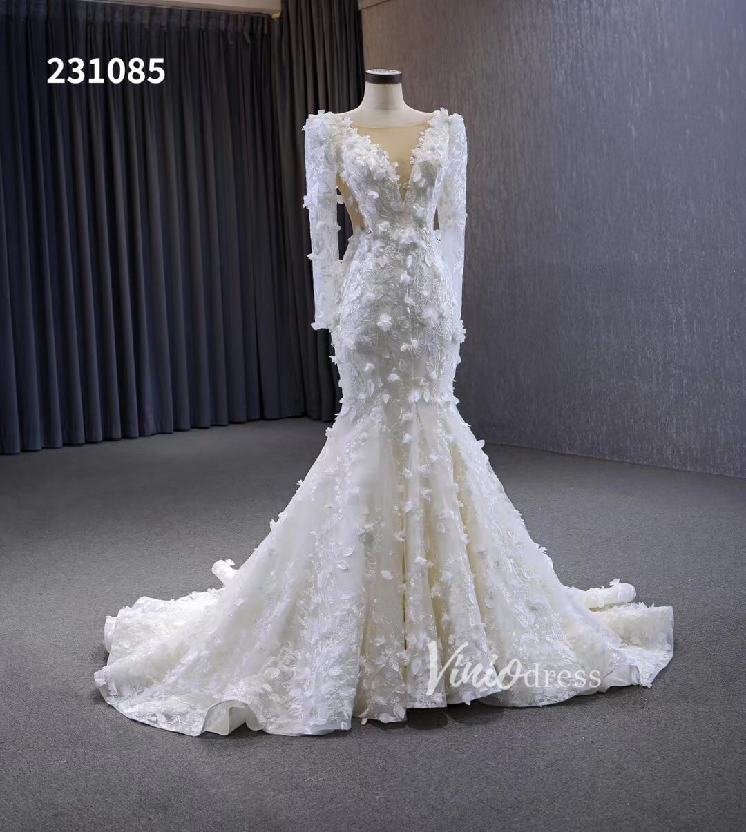 Elegant 3D Floral Lace Mermaid Wedding Dresses Long Sleeve Bridal Gown 231085-wedding dresses 2025 -Viniodress-Ivory-Custom Size-