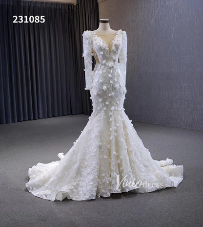 Elegant 3D Floral Lace Mermaid Wedding Dresses Long Sleeve Bridal Gown 231085-wedding dresses 2025 -Viniodress-Ivory-Custom Size-