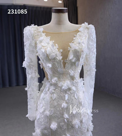 Elegant 3D Floral Lace Mermaid Wedding Dresses Long Sleeve Bridal Gown 231085-wedding dresses 2025 -Viniodress-Ivory-Custom Size-