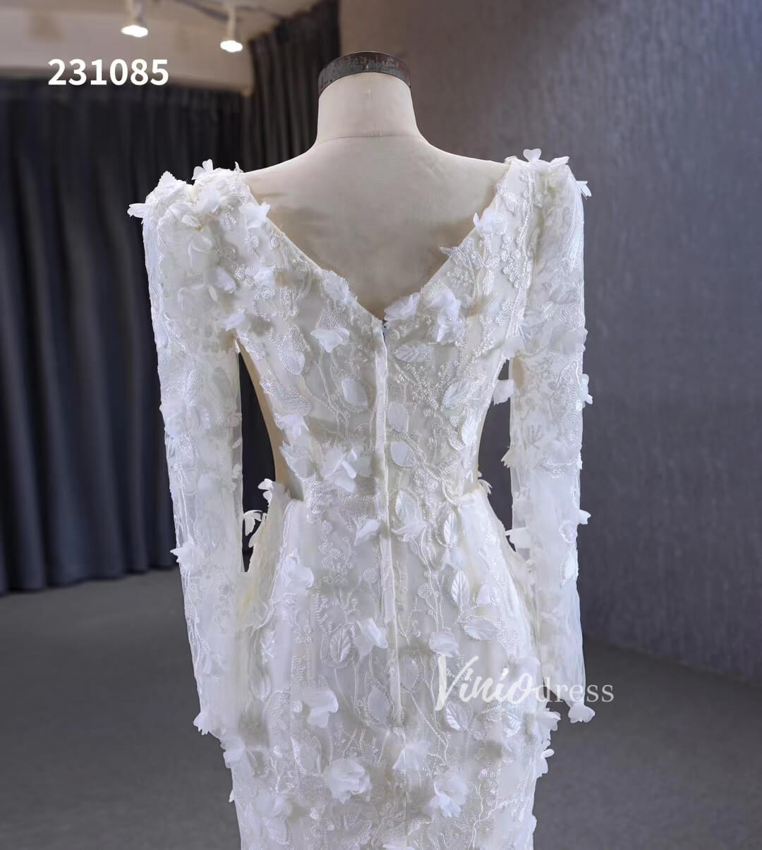 Elegant 3D Floral Lace Mermaid Wedding Dresses Long Sleeve Bridal Gown 231085-wedding dresses 2025 -Viniodress-Ivory-Custom Size-