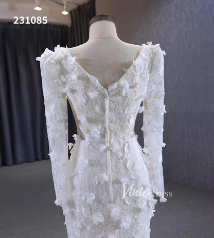 Elegant 3D Floral Lace Mermaid Wedding Dresses Long Sleeve Bridal Gown 231085-wedding dresses 2025 -Viniodress-Ivory-Custom Size-