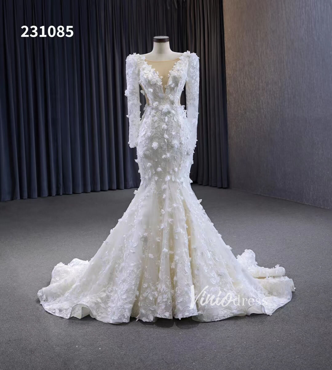 Elegant 3D Floral Lace Mermaid Wedding Dresses Long Sleeve Bridal Gown 231085-wedding dresses 2025 -Viniodress-Ivory-Custom Size-