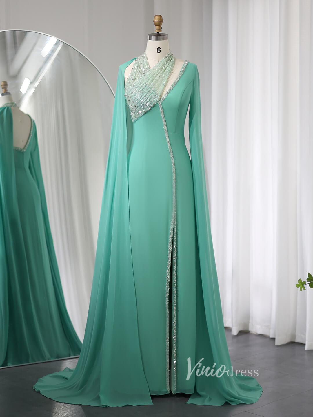 Elegant Beaded Cape Sleeve Prom Dresses with Slit Mermaid Mother of the Bride Dress AD1170-prom dresses-Viniodress-Green-US 2-Viniodress