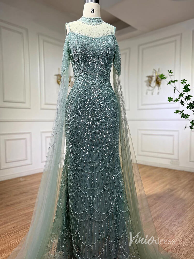 Elegant Beaded Evening Dresses Extra Long Sleeve Mother of the Bride Dresses AD1122-Evening Dresses 2025 -Viniodress-Green-US 2-