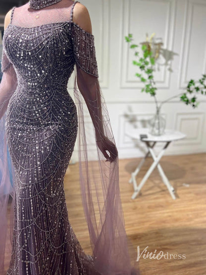 Elegant Beaded Evening Dresses Extra Long Sleeve Mother of the Bride Dresses AD1122-Evening Dresses 2025 -Viniodress-Mauve-US 2-
