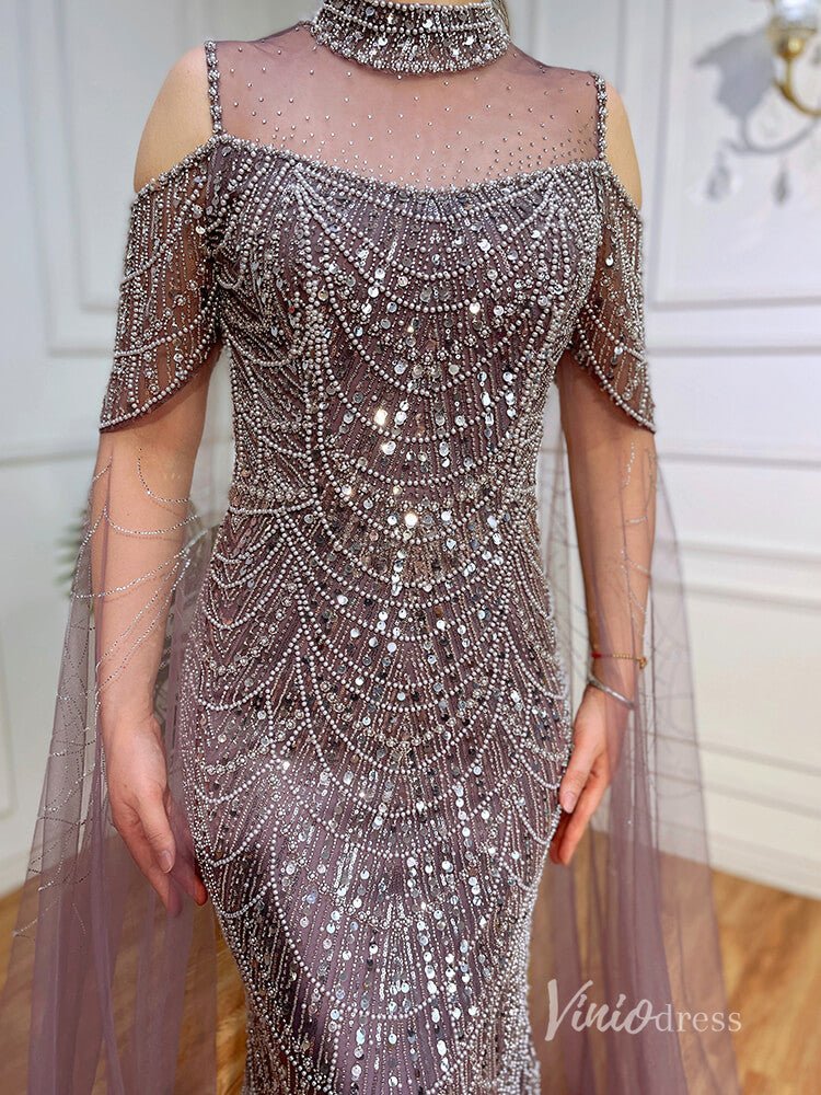Elegant Beaded Evening Dresses Extra Long Sleeve Mother of the Bride Dresses AD1122-Evening Dresses 2025 -Viniodress-Mauve-US 2-