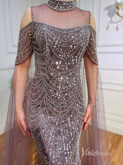 Elegant Beaded Evening Dresses Extra Long Sleeve Mother of the Bride Dresses AD1122-Evening Dresses 2025 -Viniodress-Mauve-US 2-