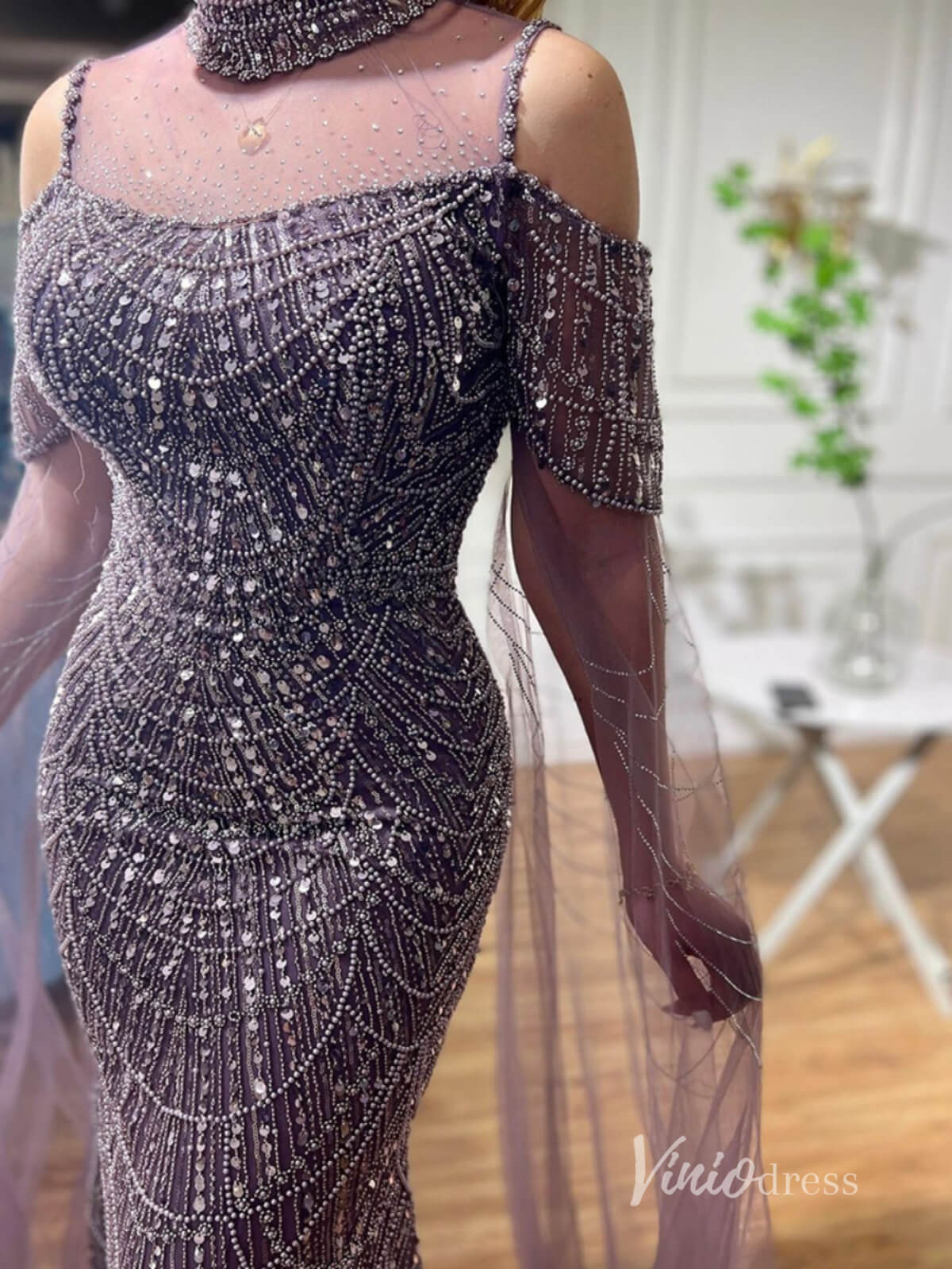 Elegant Beaded Evening Dresses Extra Long Sleeve Mother of the Bride Dresses AD1122-Evening Dresses 2025 -Viniodress-Mauve-US 2-