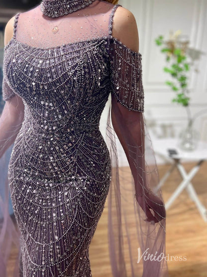 Elegant Beaded Evening Dresses Extra Long Sleeve Mother of the Bride Dresses AD1122-Evening Dresses 2025 -Viniodress-Mauve-US 2-
