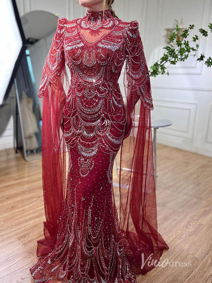 Elegant Beaded Evening Dresses Extra Long Sleeve Mother of the Bride Dresses AD1125-Evening Dresses 2025 -Viniodress-Burgundy-US 2-