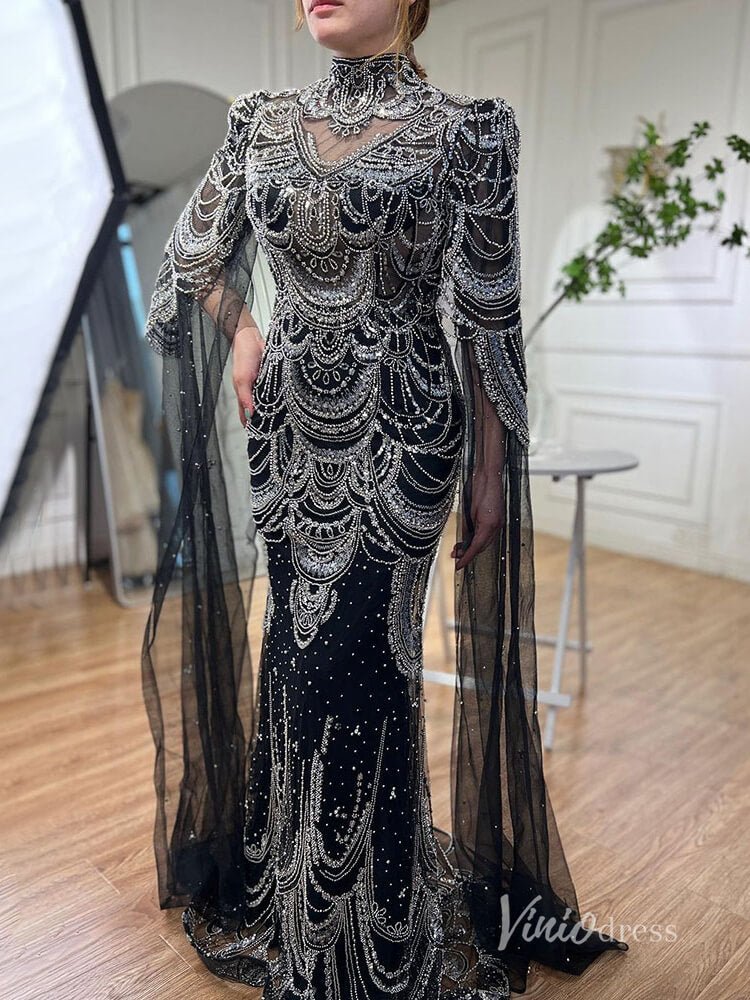 Elegant Beaded Evening Dresses Extra Long Sleeve Mother of the Bride Dresses AD1125-Evening Dresses 2025 -Viniodress-Black-US 2-