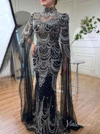 Elegant Beaded Evening Dresses Extra Long Sleeve Mother of the Bride Dresses AD1125-Evening Dresses 2025 -Viniodress-Black-US 2-