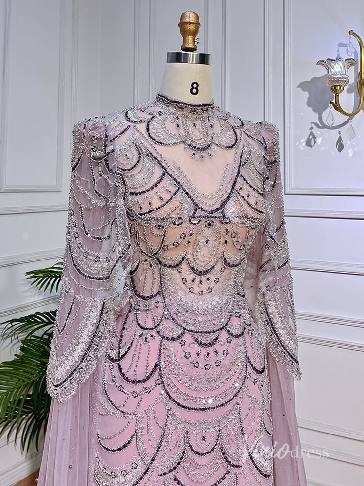 Elegant Beaded Evening Dresses Extra Long Sleeve Mother of the Bride Dresses AD1125-Evening Dresses 2025 -Viniodress-Pink-US 2-