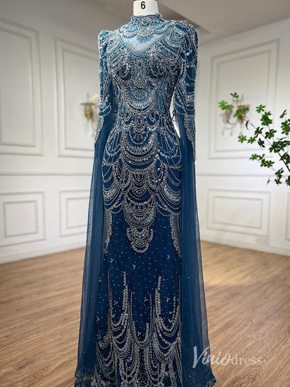 Elegant Beaded Evening Dresses Extra Long Sleeve Mother of the Bride Dresses AD1125-Evening Dresses 2025 -Viniodress-Blue-US 2-