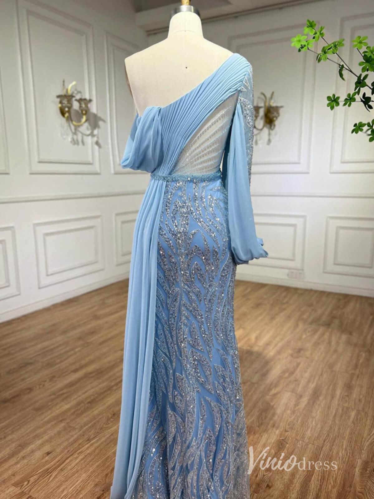 Elegant Beaded Evening Dresses One Shoulder Sheath Mother of the Bride Dresses AD1121-Evening Dresses 2025 -Viniodress-Light Blue-US 2-