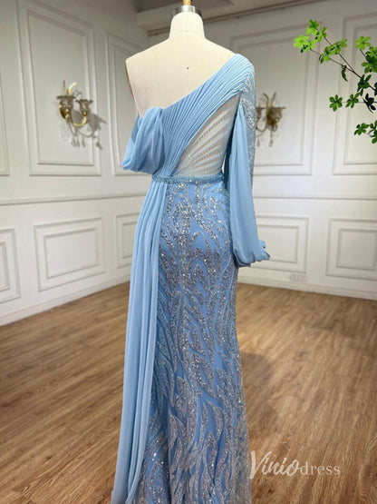 Elegant Beaded Evening Dresses One Shoulder Sheath Mother of the Bride Dresses AD1121-Evening Dresses 2025 -Viniodress-Light Blue-US 2-
