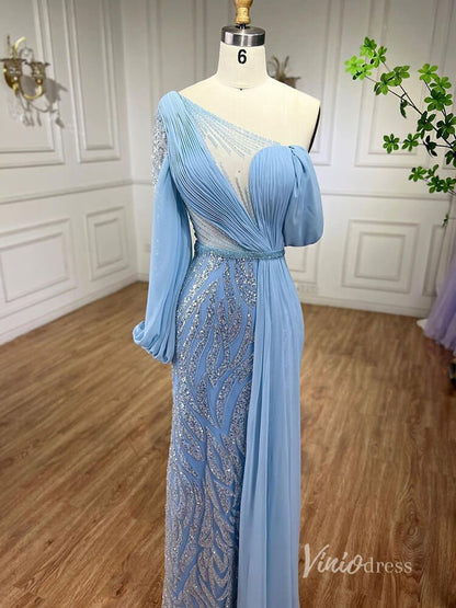 Elegant Beaded Evening Dresses One Shoulder Sheath Mother of the Bride Dresses AD1121-Evening Dresses 2025 -Viniodress-Light Blue-US 2-