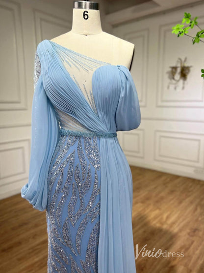Elegant Beaded Evening Dresses One Shoulder Sheath Mother of the Bride Dresses AD1121-Evening Dresses 2025 -Viniodress-Light Blue-US 2-