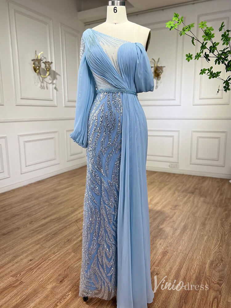 Elegant Beaded Evening Dresses One Shoulder Sheath Mother of the Bride Dresses AD1121-Evening Dresses 2025 -Viniodress-Light Blue-US 2-