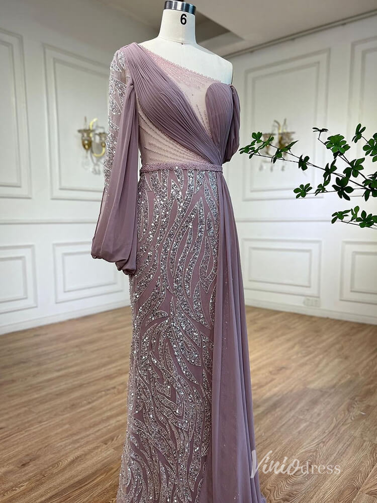 Elegant Beaded Evening Dresses One Shoulder Sheath Mother of the Bride Dresses AD1121-Evening Dresses 2025 -Viniodress-Mauve-US 2-
